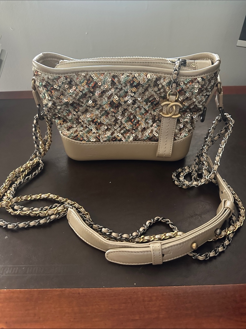 Chanel RARE Sequin Gabrielle Hobo Leather Crossbody Bag - Beige
